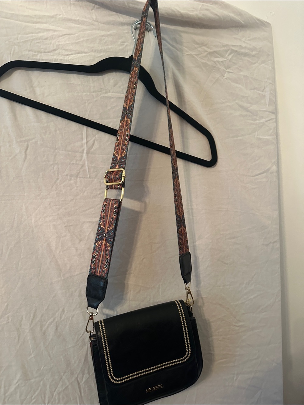 Black Crossbody Bag with Patterned Adjustable Strap